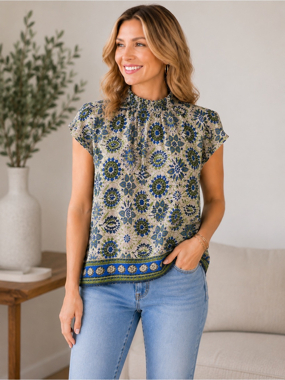 Umgee Boho Floral Ruffle Mock Neck Top | XL | EUC